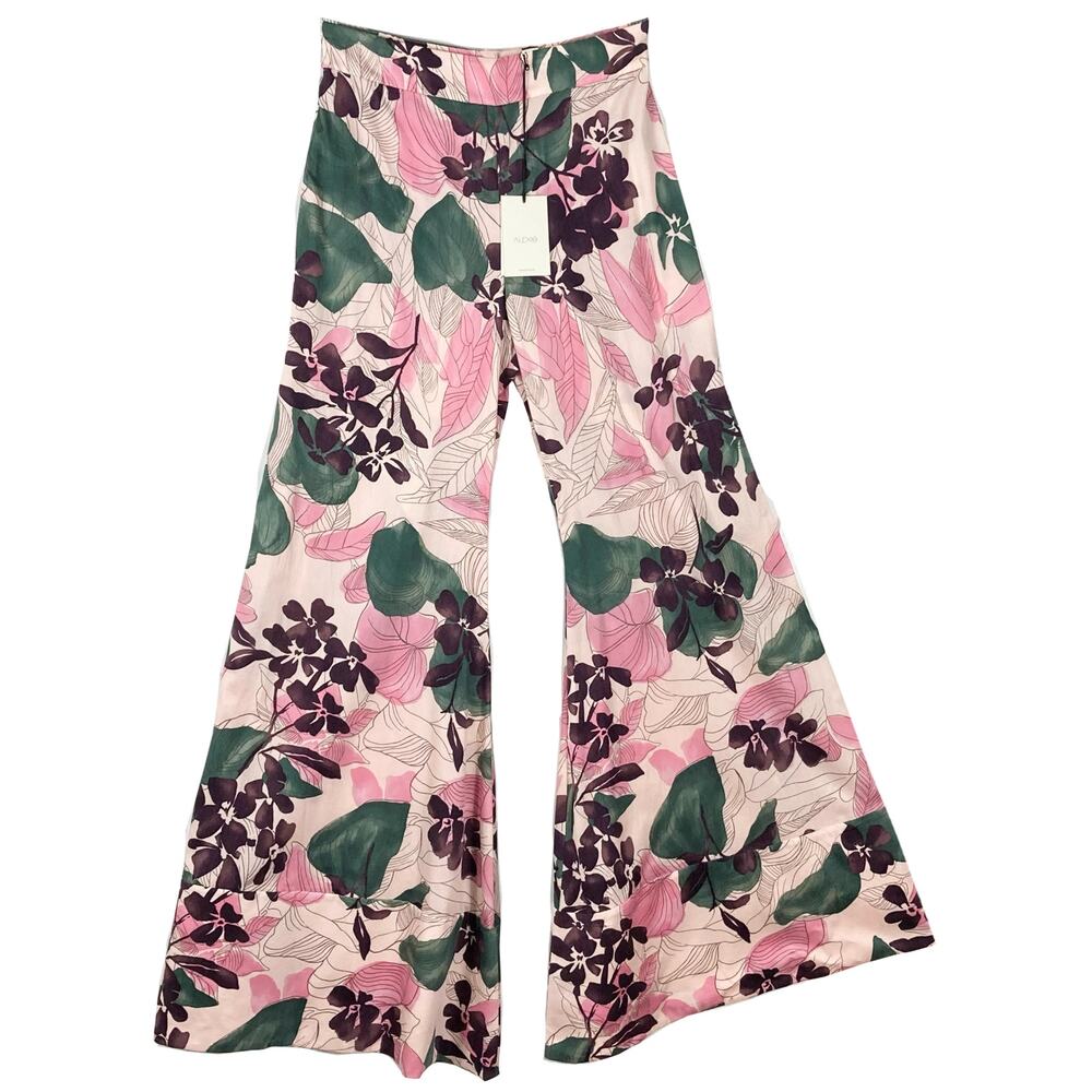 NWT New ALEXIS Pants M Floral Pink Green Super-Wide-Flare Cuffed Palazzo”Dasha” - Picture 1 of 15